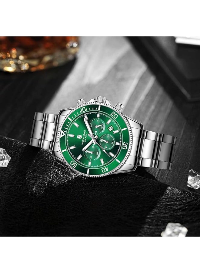 SAPPHERO Men's Stainless Steel Chronograph Watch, 50M Water Resistant, Analog Quartz Watch with Date, Classic Luxury Fashion Watch, Elegant Gift for Men - Image 4